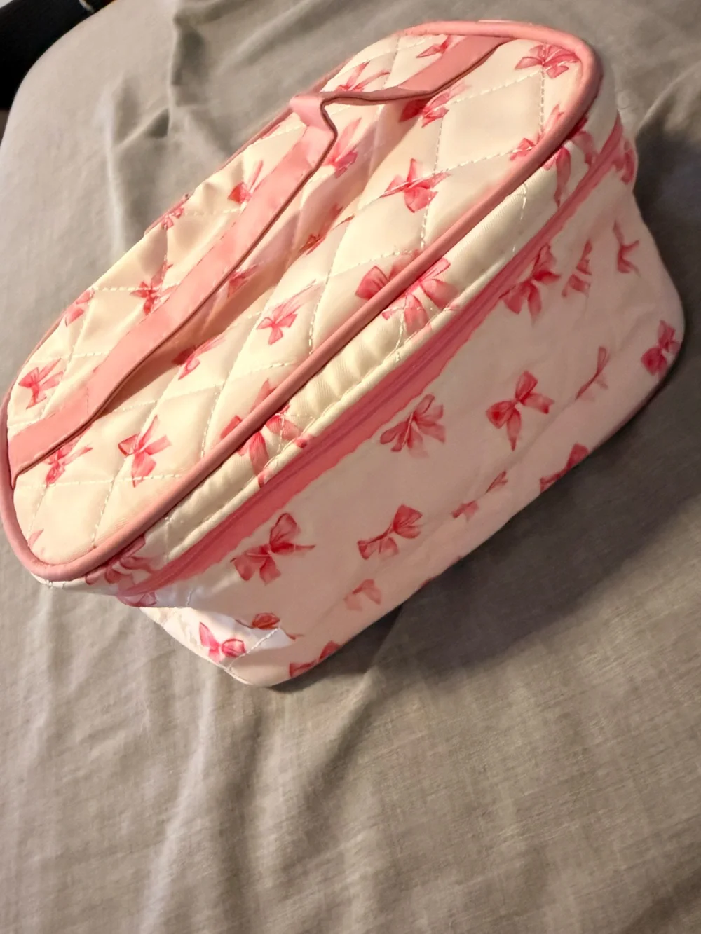 Pink Bow Quilted Cosmetic Pouch - Soft Pink
